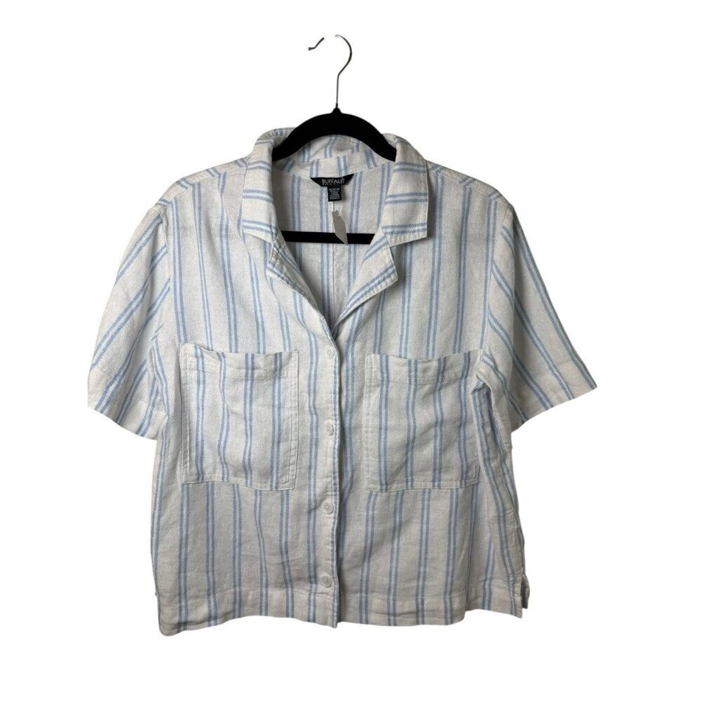 Buffalo Women's Linen Blend Short Sleeve Utility Top, Coastal Stripe, M